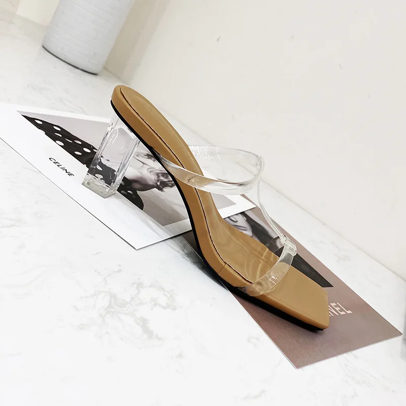 

Летняя пикантная обувь из прозрачного ПВХ; Уличные шлепанцы; С открытым носком; Прозрачные открытые туфли на высоком квадратном каблуке жен...