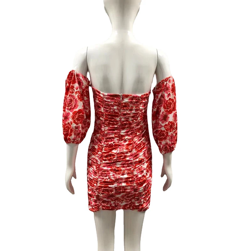 

Summer Dress for Women 2021 Sexy V-neck Printed Puff Sleeve Sexy Slim Dress with Hips Ladies Fashion Party Dress Dropship