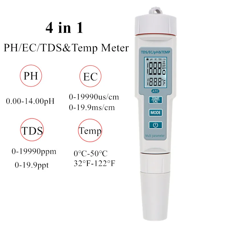 4 в 1 PH/TDS/EC/Temp метр водонепроницаемый PH измеритель качества воды тестер для
