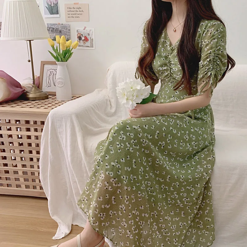 Vestido de verano de una pieza estilo coreano, informal, Vintage, de gasa, con cuello en V, Floral, 2021