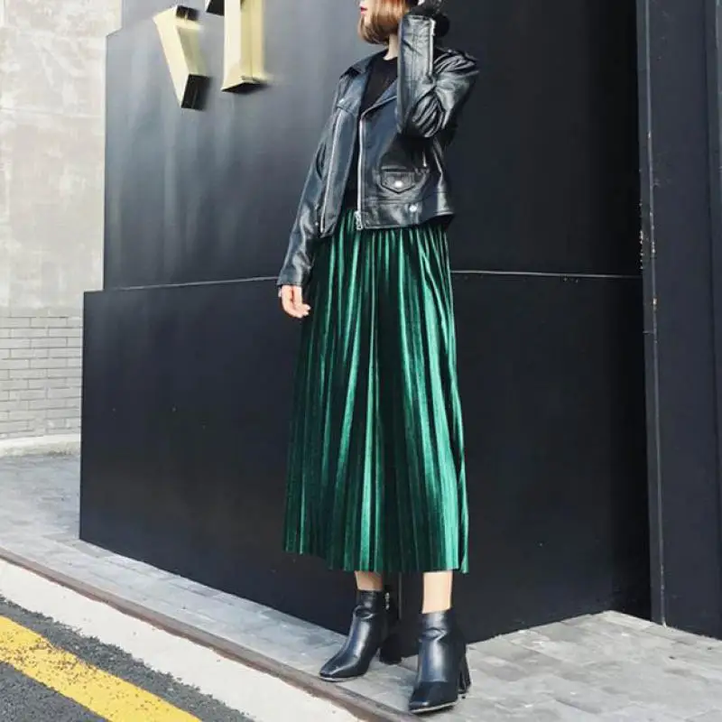 Новинка 2019 Женская длинная Плиссированная юбка цвета металлик серебристый