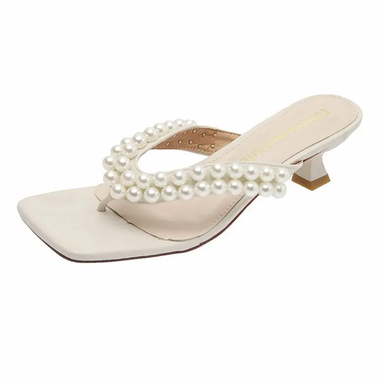 

Female Shoes Slippers Women Summer Slides Heeled Mules Square Toe Low Fashion Rubber Flip Flops 2021 High Thin Luxury Hawaiian F