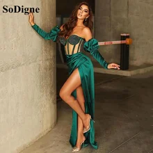 SoDigne vestido de noche de sirena verde oscuro, vestido de noche Sexy de manga larga con abertura para fiesta, vestidos formales de satén (1)