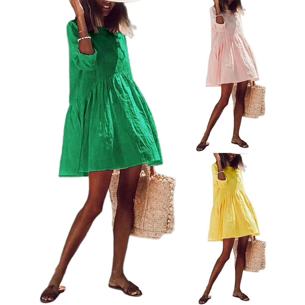 

Women Casual Solid Color Half Sleeve O Neck Loose Party Beach Mini A Line Dress