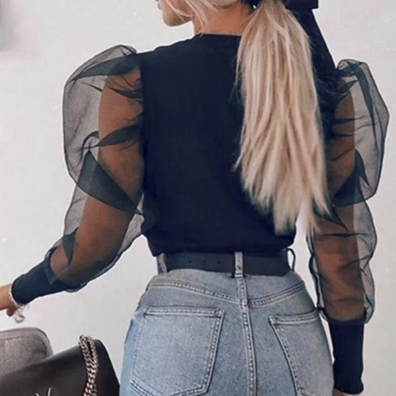 

Elegant Lace Hollow Patchwork Blouse Shirt Women Puff Sleeve Ribbed Pullover Tops Button Sexy V-Neck Sheer Mesh Female Blusa