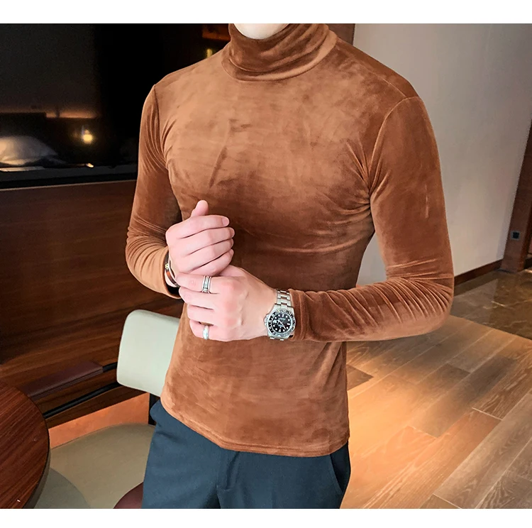 Азиатский размер Slim Fit стрейч бархат водолазка Мужская футболка с длинным рукавом осенние вечерние Нежные мужские