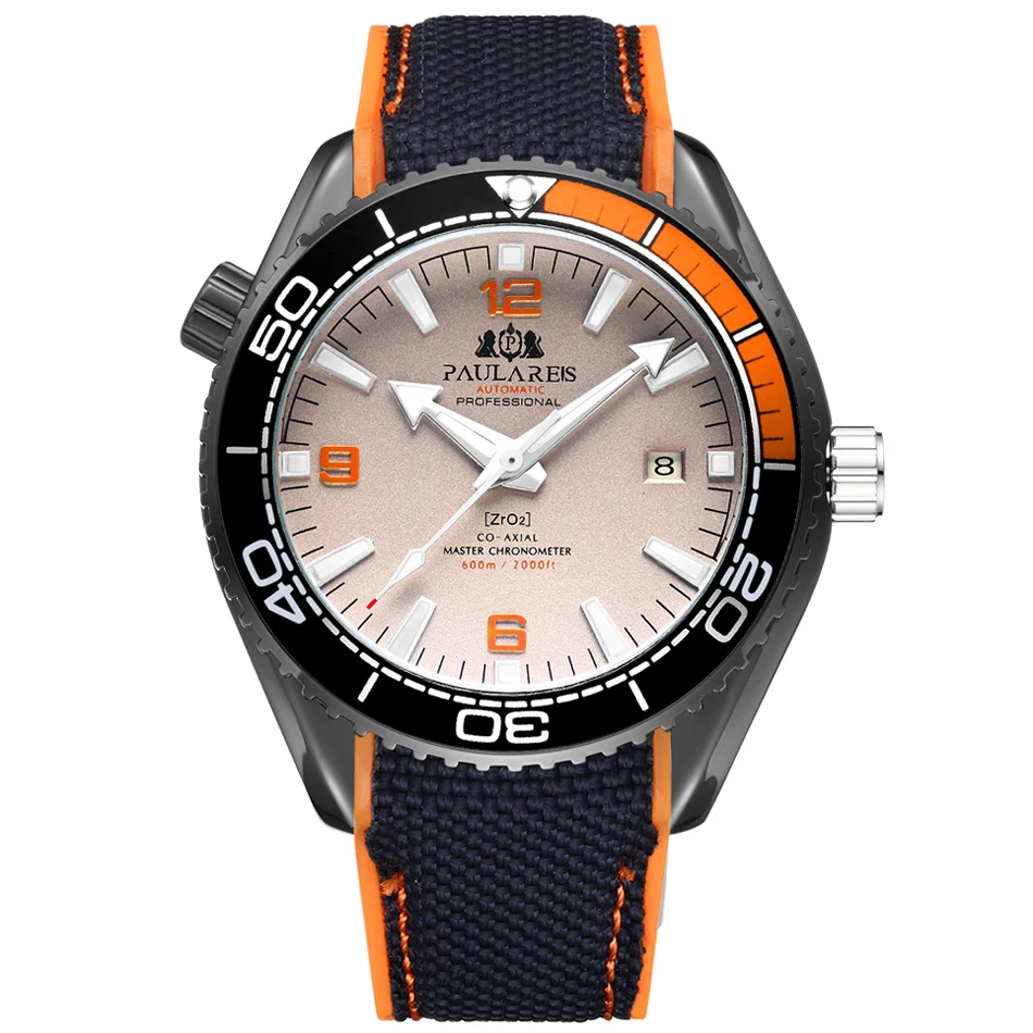 Black Orange Grey Мужские автоматические механические холщовые часы с резиновым ремешком James Bond 007, стильные оранжевые, синие, красные классические часы с вращающейся рамкой - Цвет: Black Orange Grey