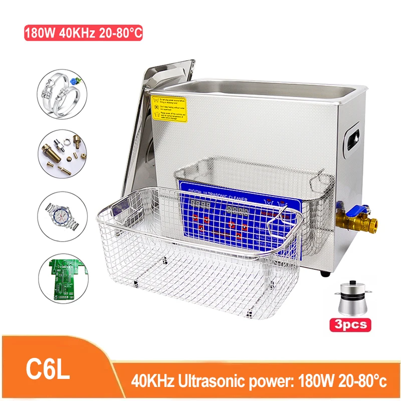 

Цифровой ультразвуковой очиститель 6 л, 180 Вт, таймер для ванны, нержавеющая сталь, Удаление ржавчины и масла, очиститель ювелирных изделий, о...