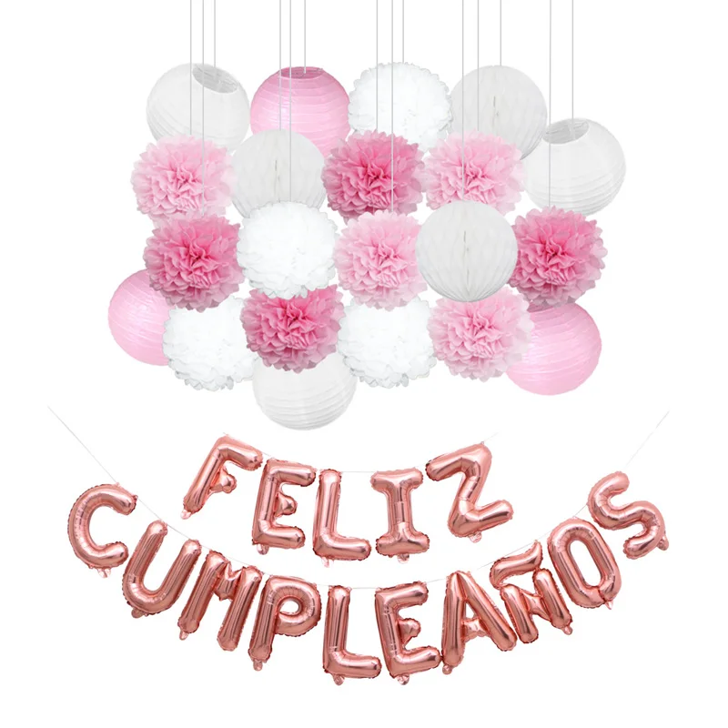 36 шт./компл. воздушные шары FELIZ CUMPLEANOS круглые бумажные фонари помпоны сотовые