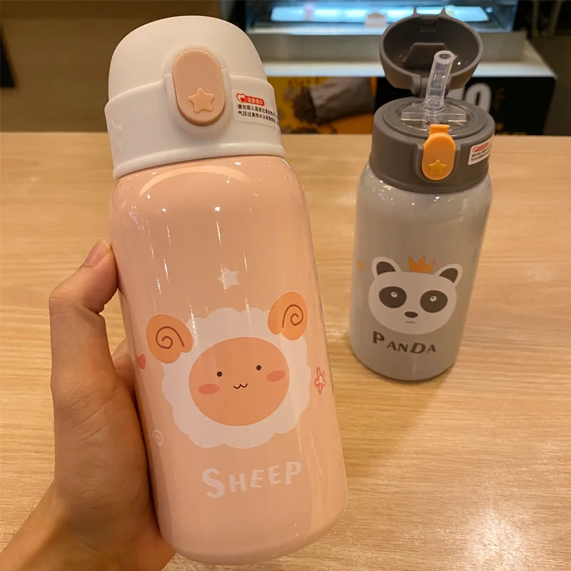 

500ml Kids Thermos Mug With Straw Stainless Steel Cartoon Vacuum Flasks Children Cute Thermal Water Bottle Tumbler Thermocup