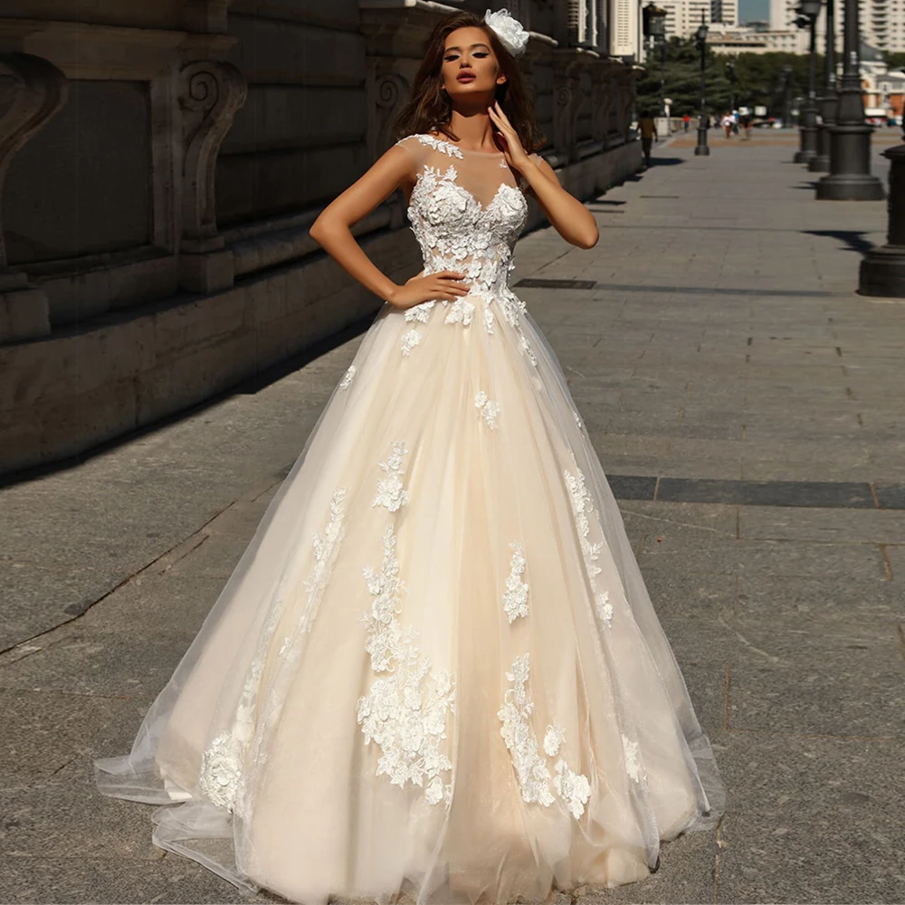 Robes De Mariage с О-образным вырезом ТРАПЕЦИЕВИДНОЕ свадебное платье открытыми плечами