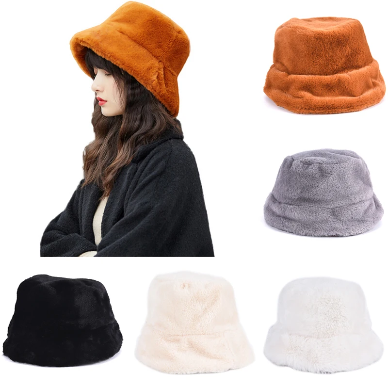 

Women Bucket Cap Bush Hat Wide Brim Fluffy Warm Winter Retro Fashion Casual