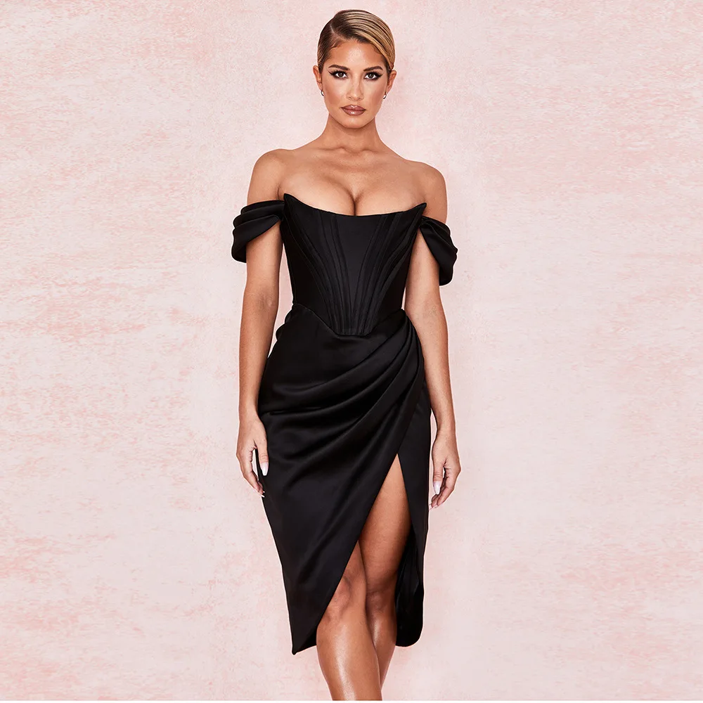 

Off Shoulder Sexy Strapless Split Corset Satin Dresses Fashion 2021 Bodycon Dress Women Party Night Club Elegant
