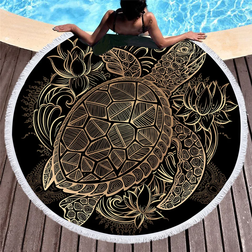 

Yoga Blanket Lotus Turtle Round Tapestry Microfiber Bikini Cover Up Beach Tassel Towel Swim Shawl 150cm Thick Camping Picnic Mat