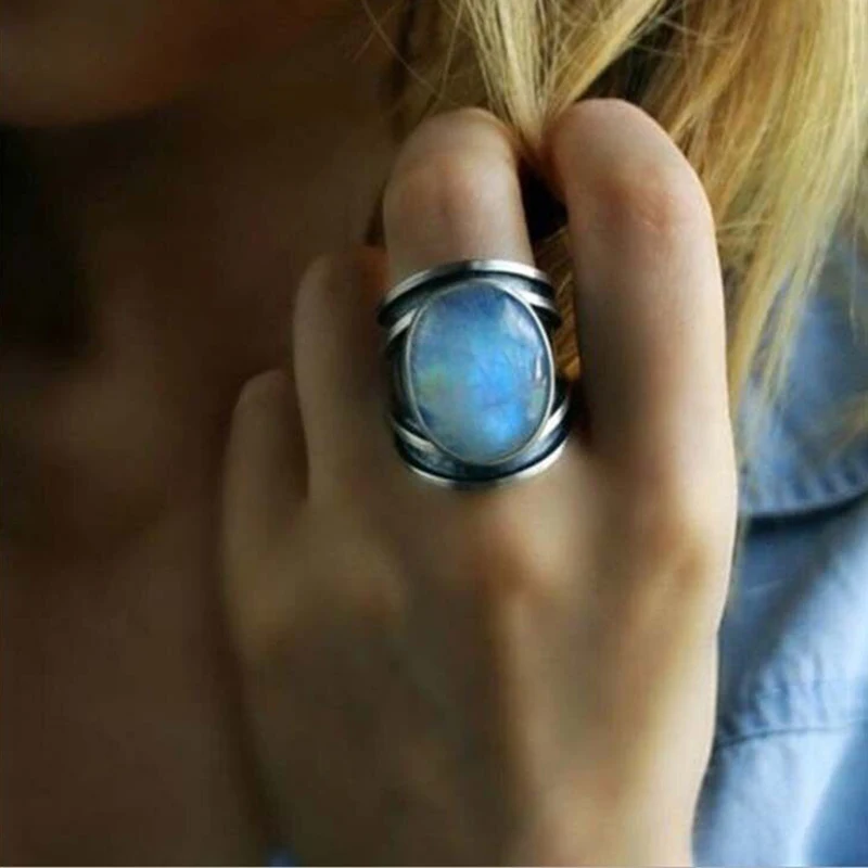 Antique Tibetan Big Oval Moonstone Ring Oversized Indian Healing Crystal Fire Opal Rings for Women Vintage Jewelry 1Pc Size 5-10