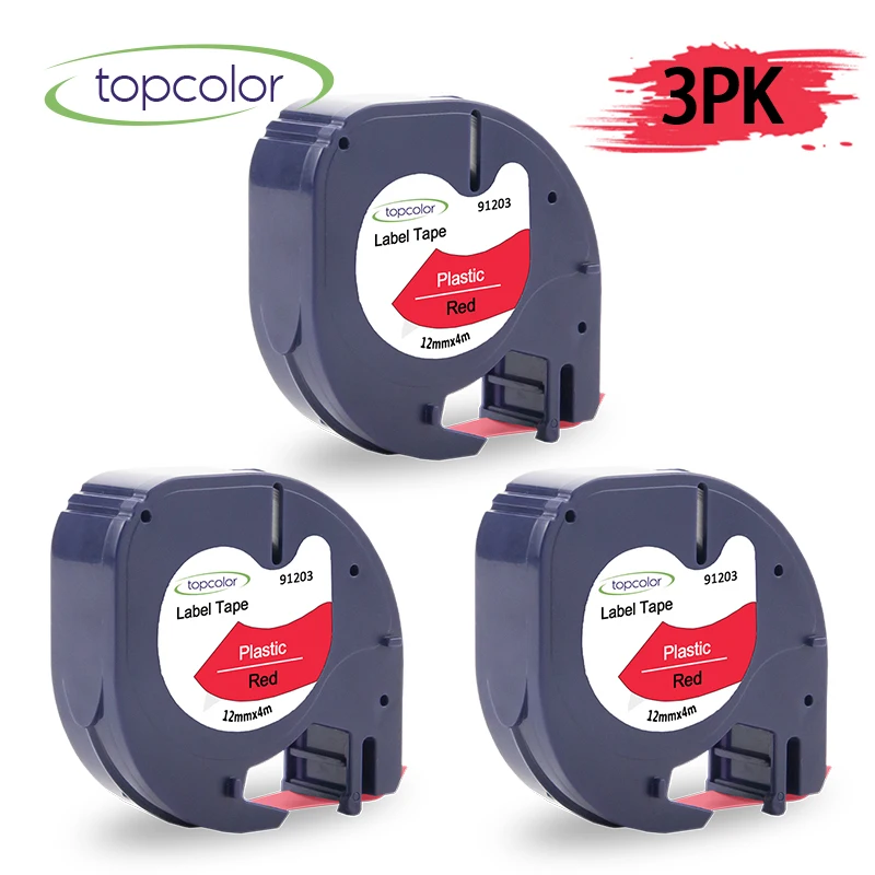 Topcolor 3PK 91203 91333 91223 совместимый с DYMO Letratag этикетки ленты 12 мм черный на красном
