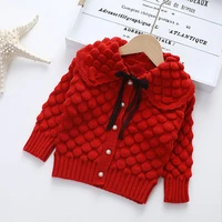 girls fashion coat girl autumn winter petal shaped tops pearl single breasted bow tie sweaters 3 7 years baby casual clothes