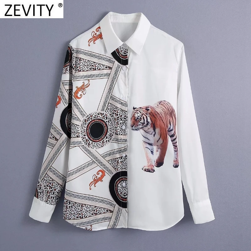 

Zevity New Women Vintage Totem Tiger Patchwork Print Court Blouse Office Ladies Long Sleeve Satin Shirts Chic Blusas Tops LS9735