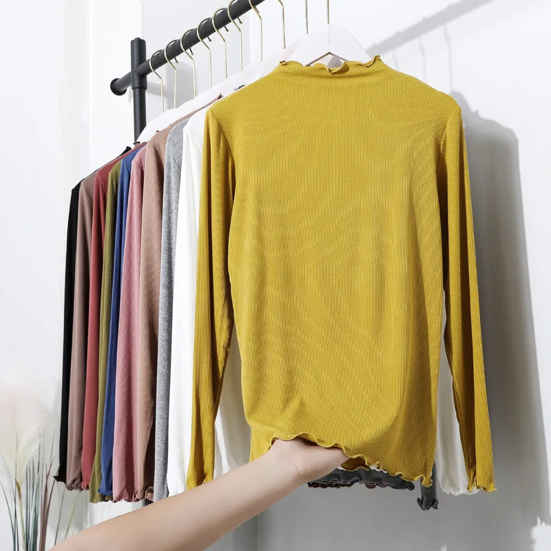

Spring and autumn solid color long sleeve T-shirt women's casual slim top half high collar candy vertical pattern bottom coat