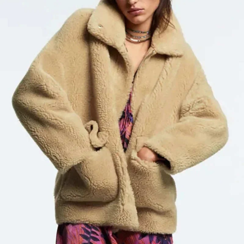 

Женская куртка из искусственного меха, теплая верхняя одежда, топы с карманами и длинным рукавом, модная шикарная флисовая шерстяная куртка...