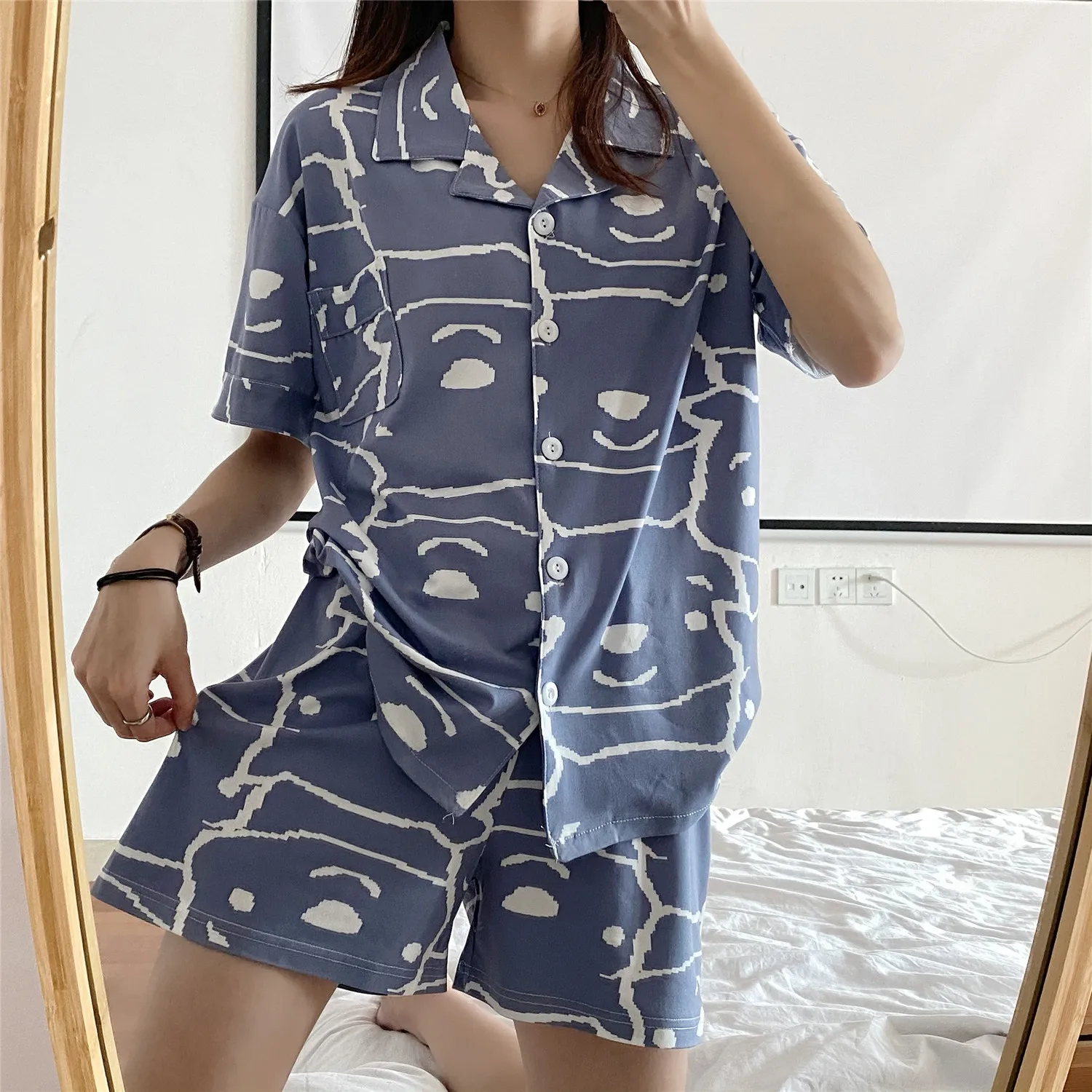 

Cute Cartton Bear Print Short Set Pajamas For Women Pajama Set Sweet Short Sleeve T Shirts & Shorts Summer Cotton Sleepwear