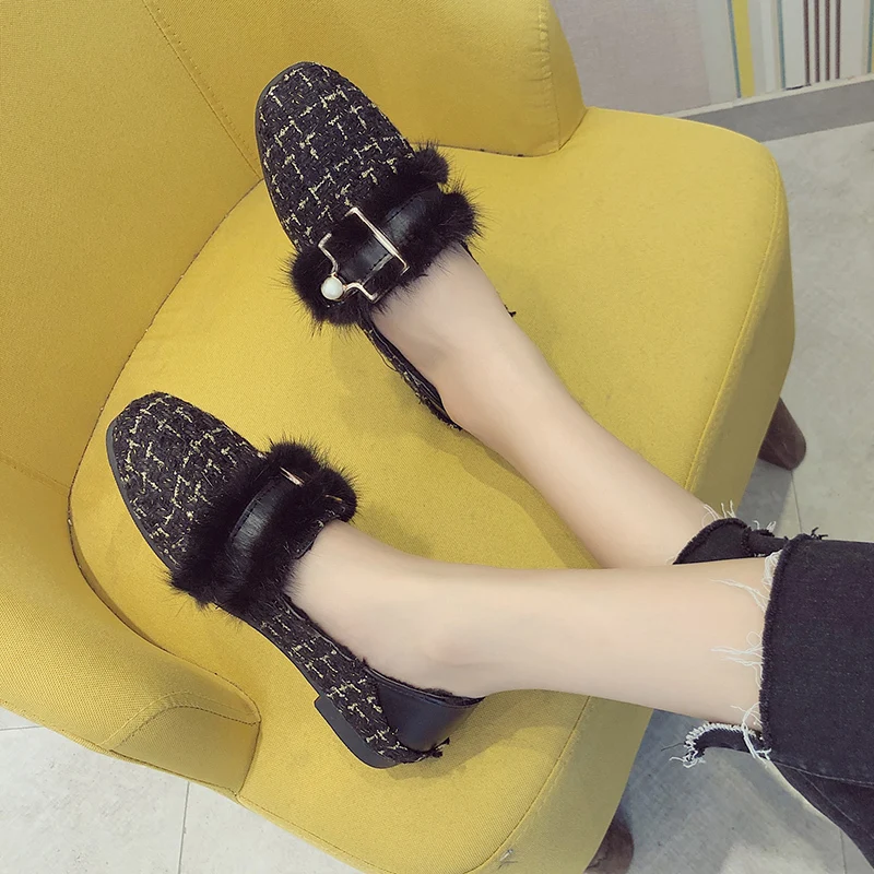 Туфли женские плюшевые на толстой подошве повседневная обувь с педалью модные