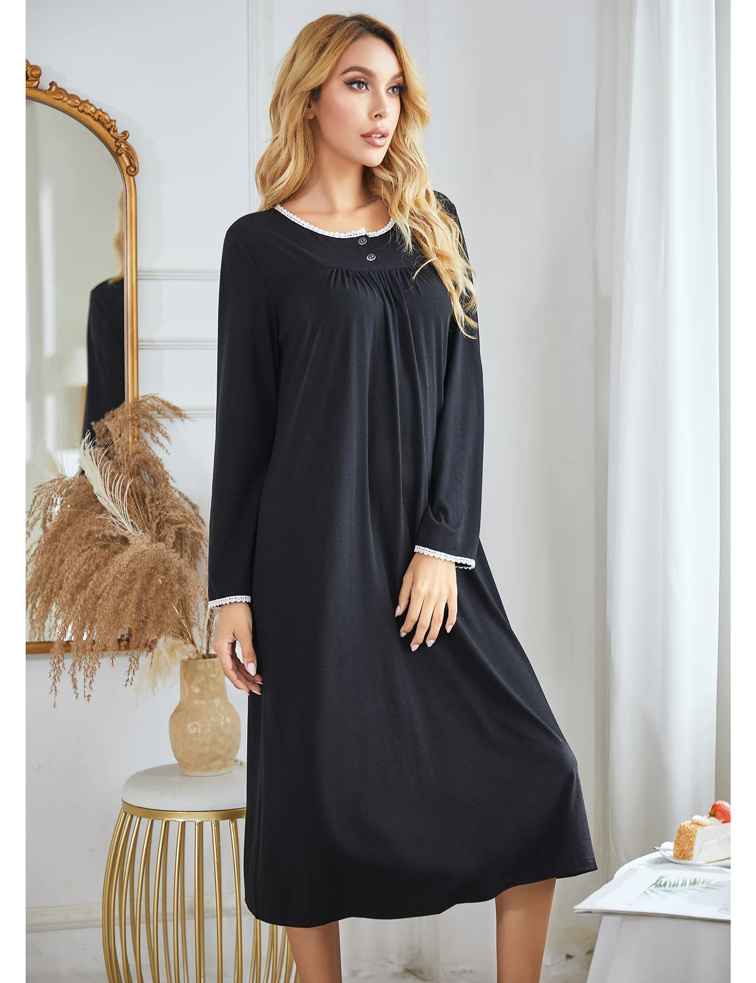 Spring New Women's Solid Color Long Sleeve Nightdress Lace Knitting Casual Home Wear Night Dress Women Sexy Nightgown Nightwear