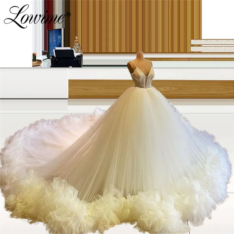 Ivory Prom Dresses Long Spaghetti Straps Couture Puffy Ball Gown Saudi Arabia Wedding Party Dress 2021 Plus Size Evening Gowns