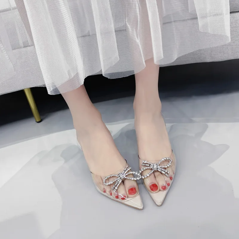 

Female Shoes Ladies' Slippers Low Thin Heels Butterfly-Knot Glitter Slides Fashion Heeled Mules 2021 Jelly Summer Luxury High