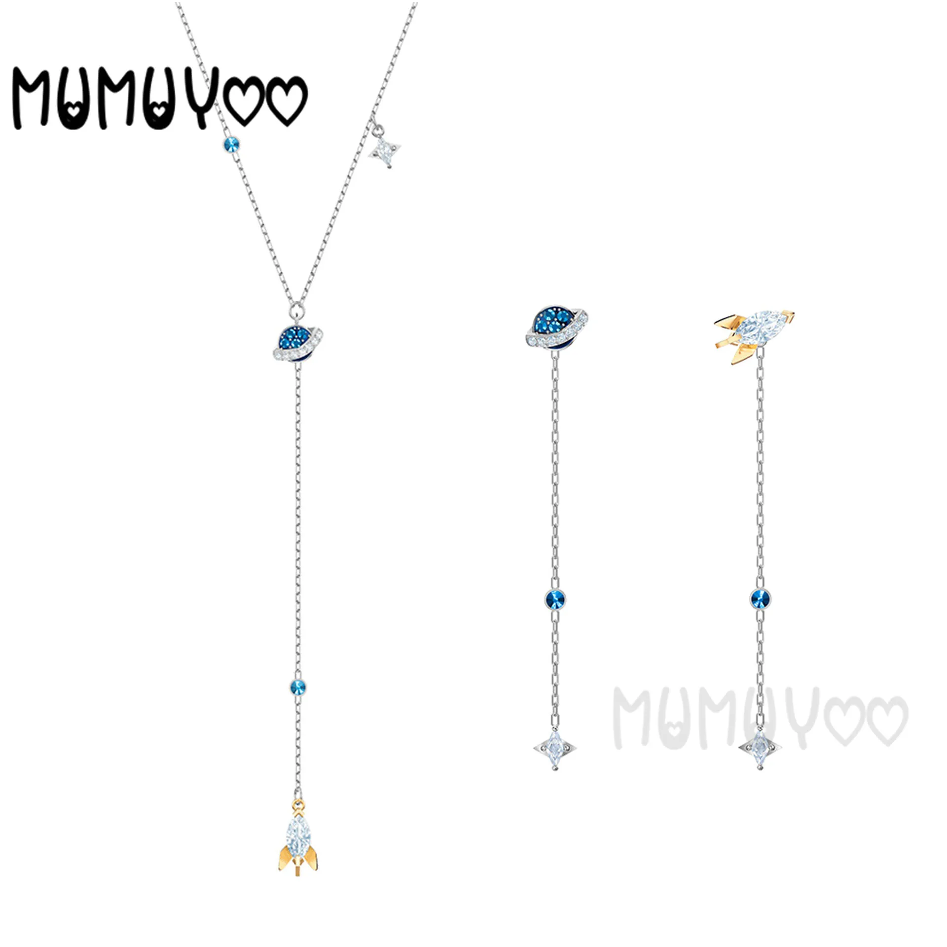 

SWA Fashion Jewelry High Quality Glamour Blue Rocket and Planet Decoration Lady Necklace Romantic Gift
