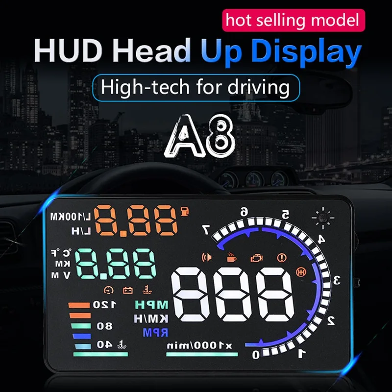 A8 5 дюймовый автомобильный дисплей на лобовое стекло HUD OBD II Предупреждение о