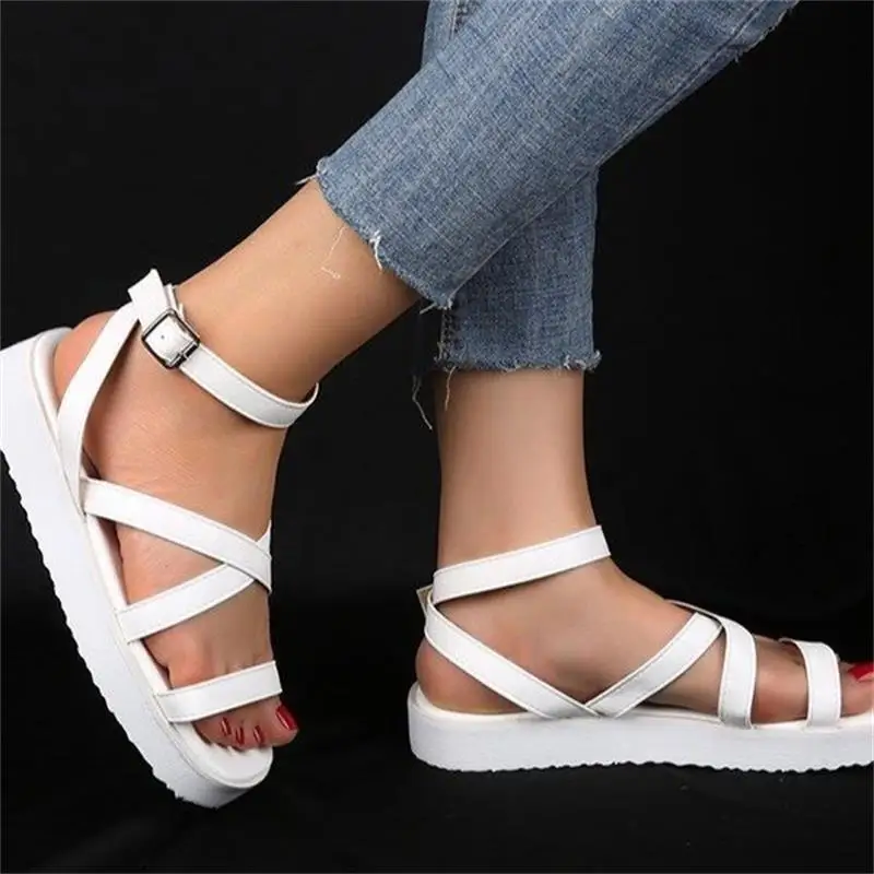 

2021 New Women's Shoes Fashion Solid Color PU Simple Cross Open Toe Buckle Flat Heel Platform Casual All-match Sandals 7KG171