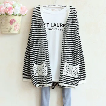 Женский кардиган Свободный вязаный свитер в полоску с карманами и длинными