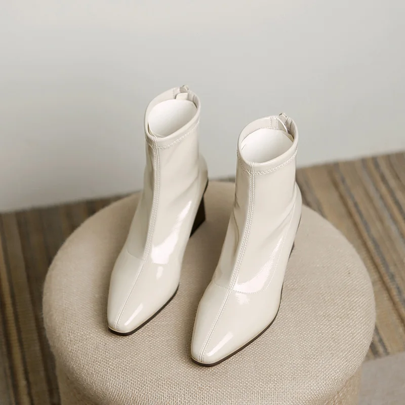 

Woman Autumn Boots PU Leather Pointed-Toe Stretch Ankle Boots Women's Pumps Shoes Martin Boots Chunky Heels Simple Socks Boots
