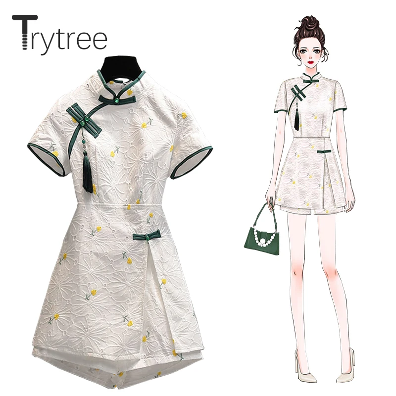 

Trytree 2021 Summer Women Two Piece Set Casual Chinese Style Floral Tassel Split Hem Long Tops + Wide Legs Shorts 2 Piece Suit