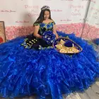 Современное черное бархатное Королевское синее платье с цветочным рисунком 2022, платье Quinceanera Мексики XV, бальное платье с открытыми плечами и рукавами Plus