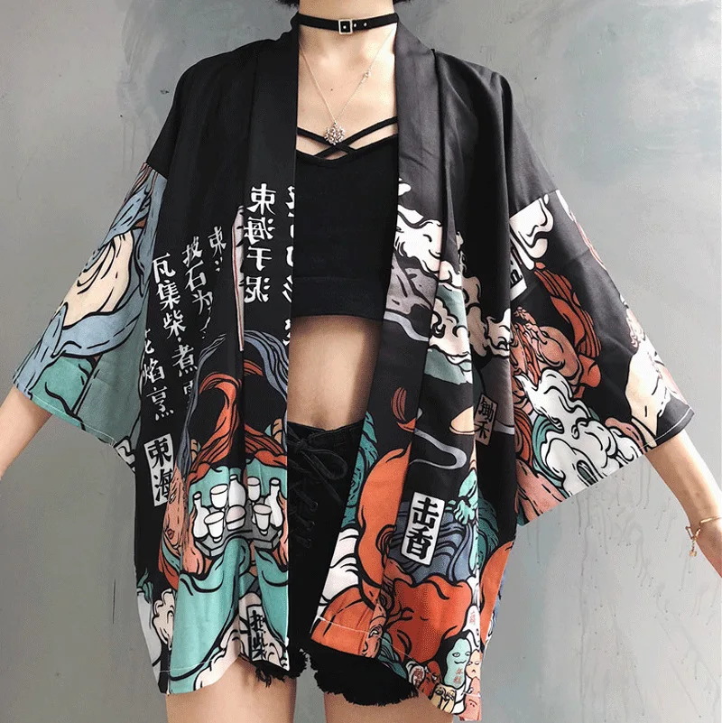 

Spring Kawaii Japanese kimono woman 2021 summer Autumn Graphics Anime print cardigan Loose women blouses Silk pajamas Shirt