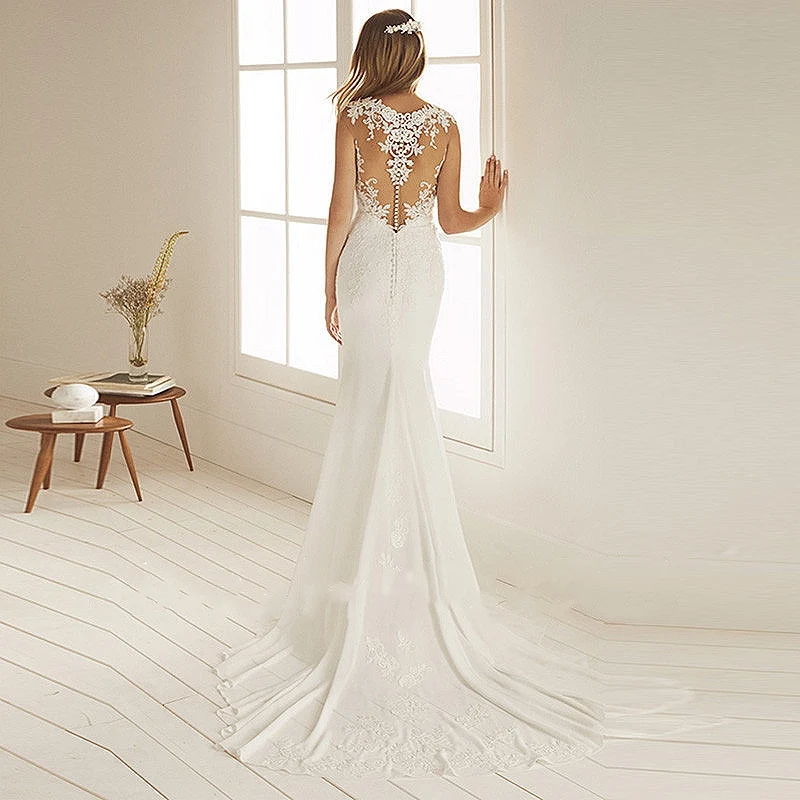 2020 Русалка свадебное платье шифоновые аппликационные кружева \ совок шеи невесты