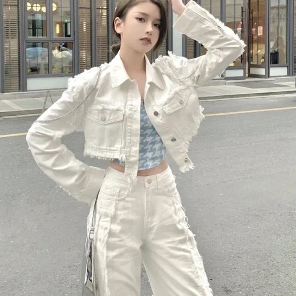 Fall 2021 New Fashion Chic Raw Edge Design Harajuku Street High Waist Straight Wide Leg Jeans Women All-match Denim Trousers |