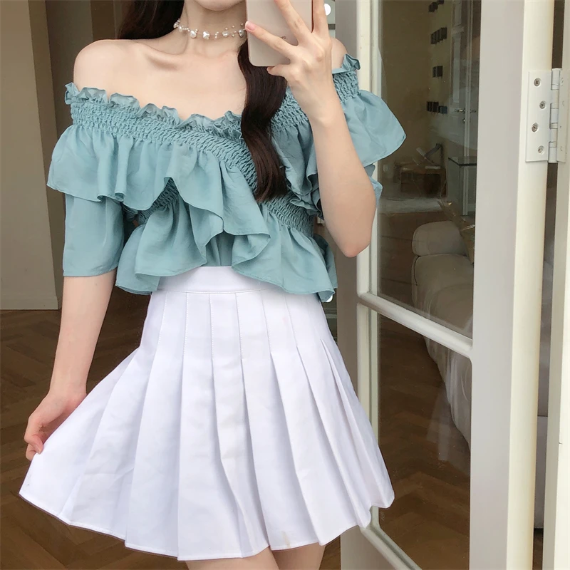 

Korean Preppy Style Summer New Women Blouse Shirt Vintage Slash Neck Sweet Ruffles Design Short Sleeve Casual Loose Shirt