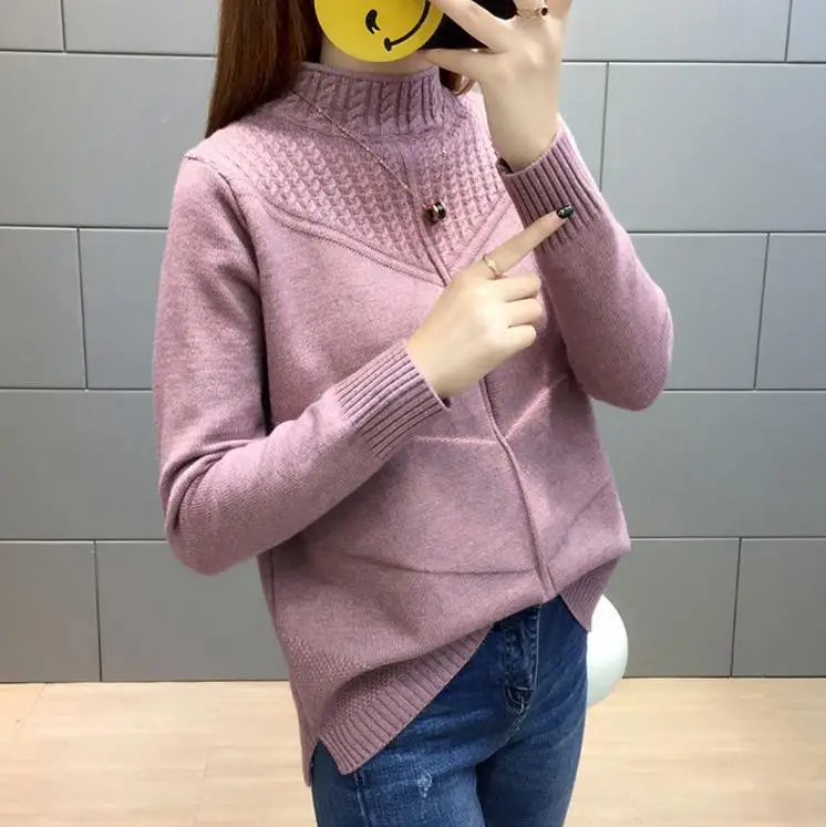 

Fashion Jacquard Striped Sweater Female Turtleneck Loose Long Sleeve Solid Color Simple Knitted Bottoming Sweater Pullover Women