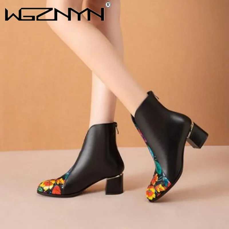 

2022 Women Short Boots Autumn Winter Shoes Soft Microfiber Leather Square Toe Printing Heel Shoes Ethnic Style Female Footware