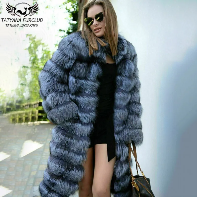 2022 New Winter Long Real Silevr Fox Fur Coat Stand Collar High Quality Full Pelt Natural Fox Fur Coat Woman Luxury Outfit Fur