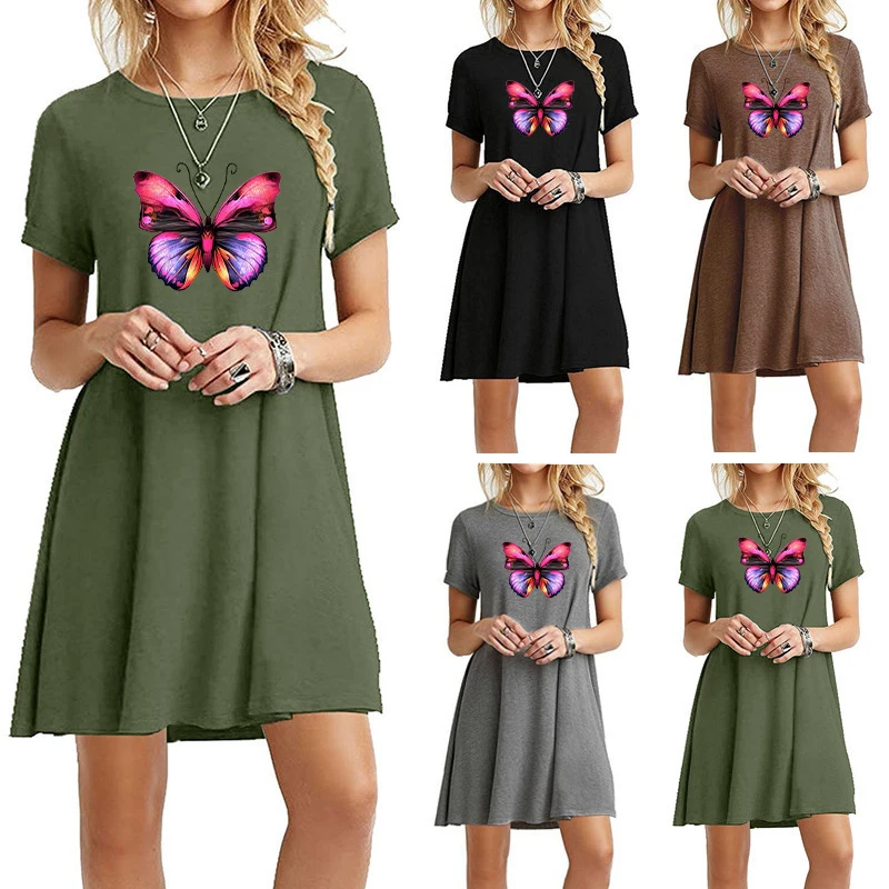

Office Dresses for Women Short Sleeve Loose T-Shirt Dress Swallowtail Butterfly Print Female Clothing Summer Robes 2021 Trend