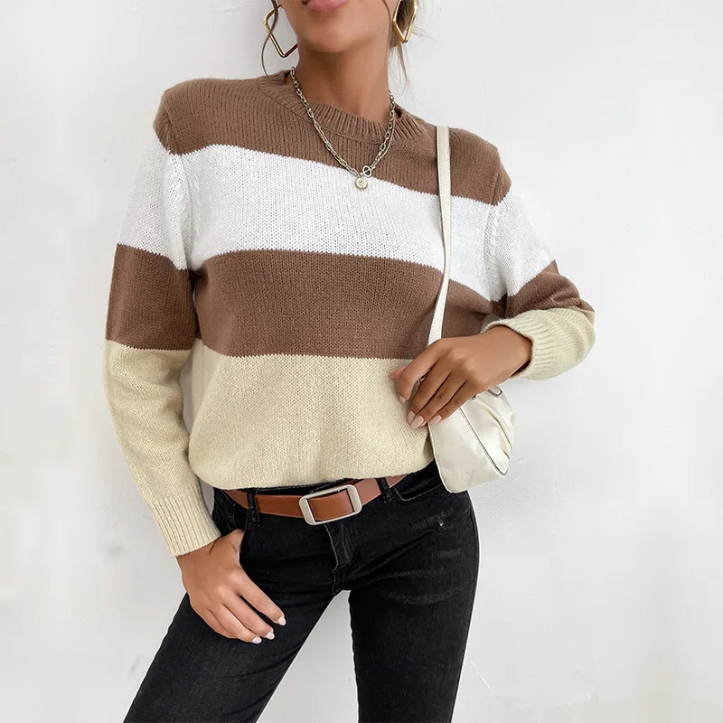 

Fall 2021 women wear Round collar fashion ladies clothes striped sweater knitted sweater