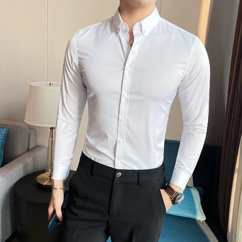 Мужская приталенная рубашка с длинным рукавом белая или черная Повседневная