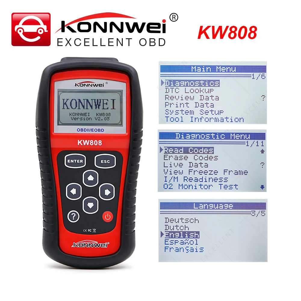 KONNWEI KW808 OBD2 автомобильный сканер кодов неисправностей автомобильный диагностический инструмент OBDII считыватель кодов
