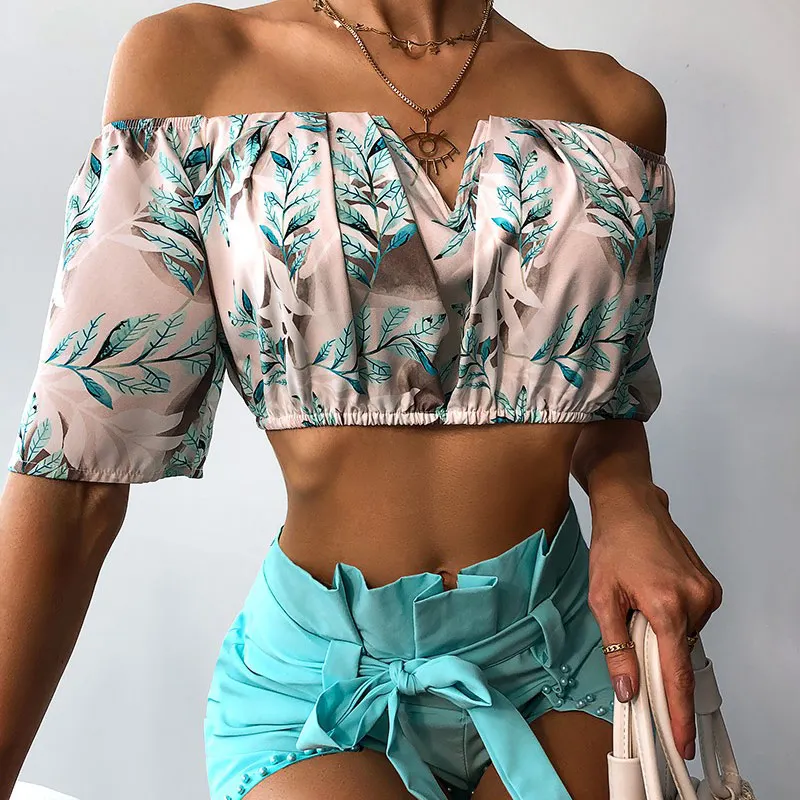 Женский комплект с открытыми плечами и принтом листьев из 2 предметов