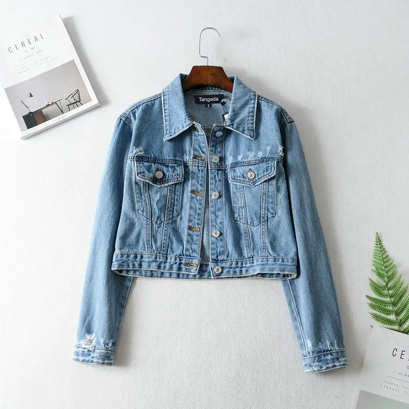 Tangada women short style denim jacket jeans korean fashion pockets short style jacket coat female high street tops FN106 - Цвет: Синий