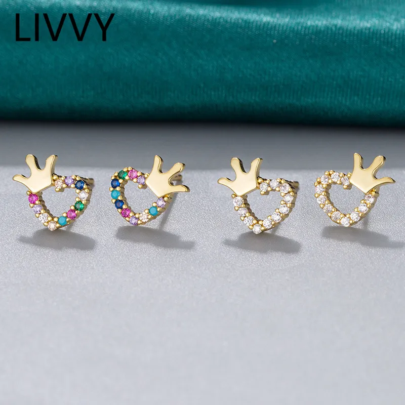 

LIVVY New Fashion Rainbow Crown Love Heart Gold Color Stud Earrings for women Korean Colorful Zircon Charm Jewelry Gift
